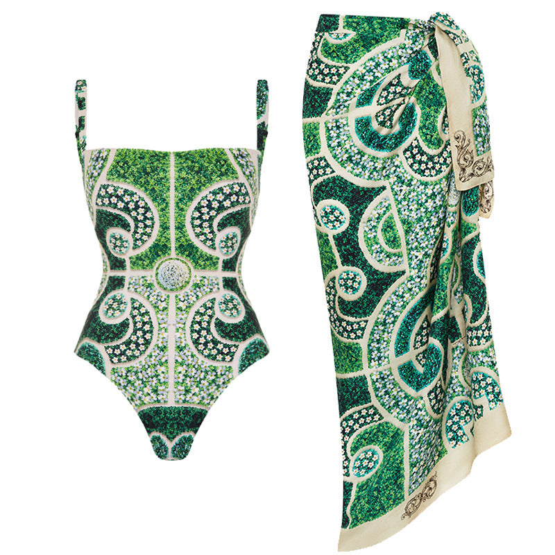Printed Slim-Fitting One-Piece Swimsuit for Women with Skirt Design