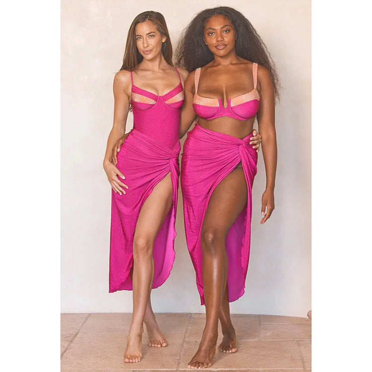 Chic Color-blocked Sparkly Bikini Set for Beach Vacation, Women's Swimwear Dress Style