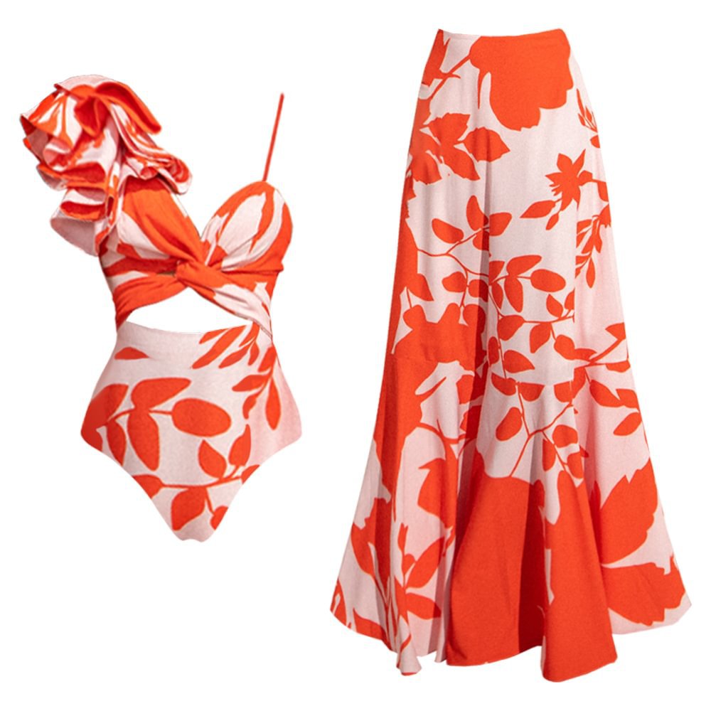 One-Shoulder Ruffle Cut-Out Printed One-Piece Swimsuit with Skirt for Women