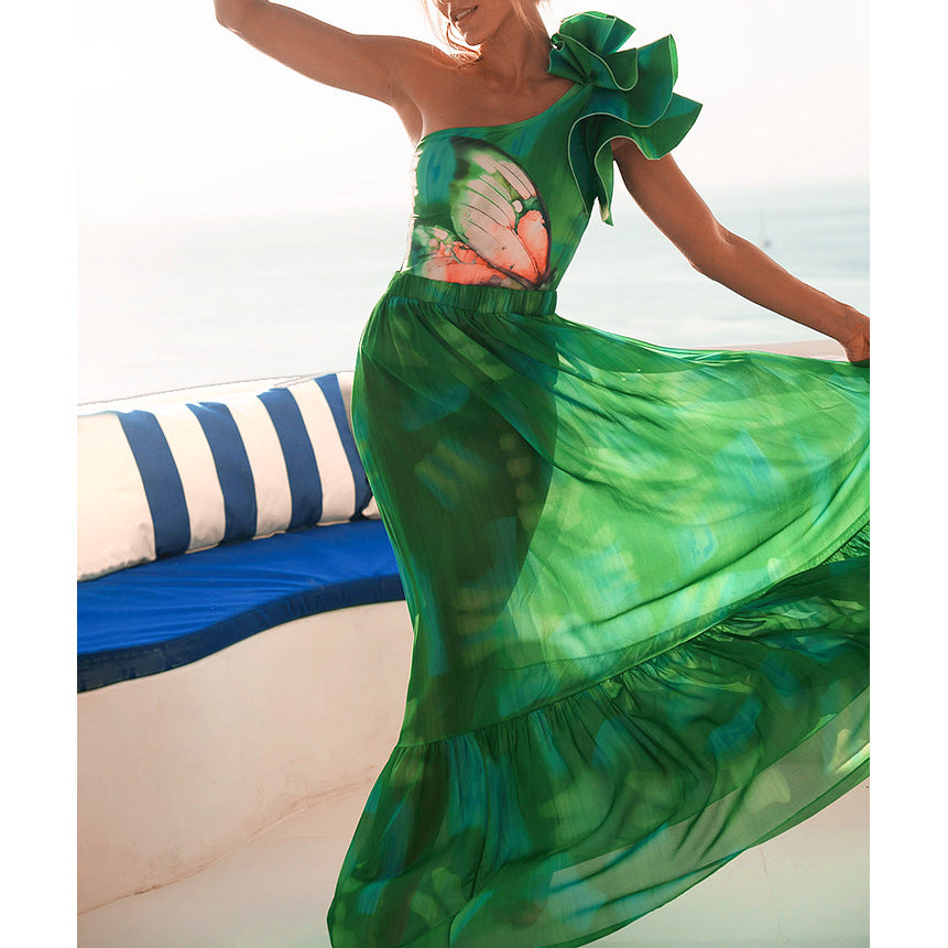 Asymmetrical Shoulder Ruffle Butterfly Print One-Piece Swimsuit