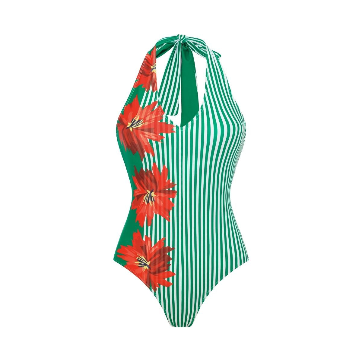 Women's one-piece swimsuit with green stripes and floral patchwork, strapless design