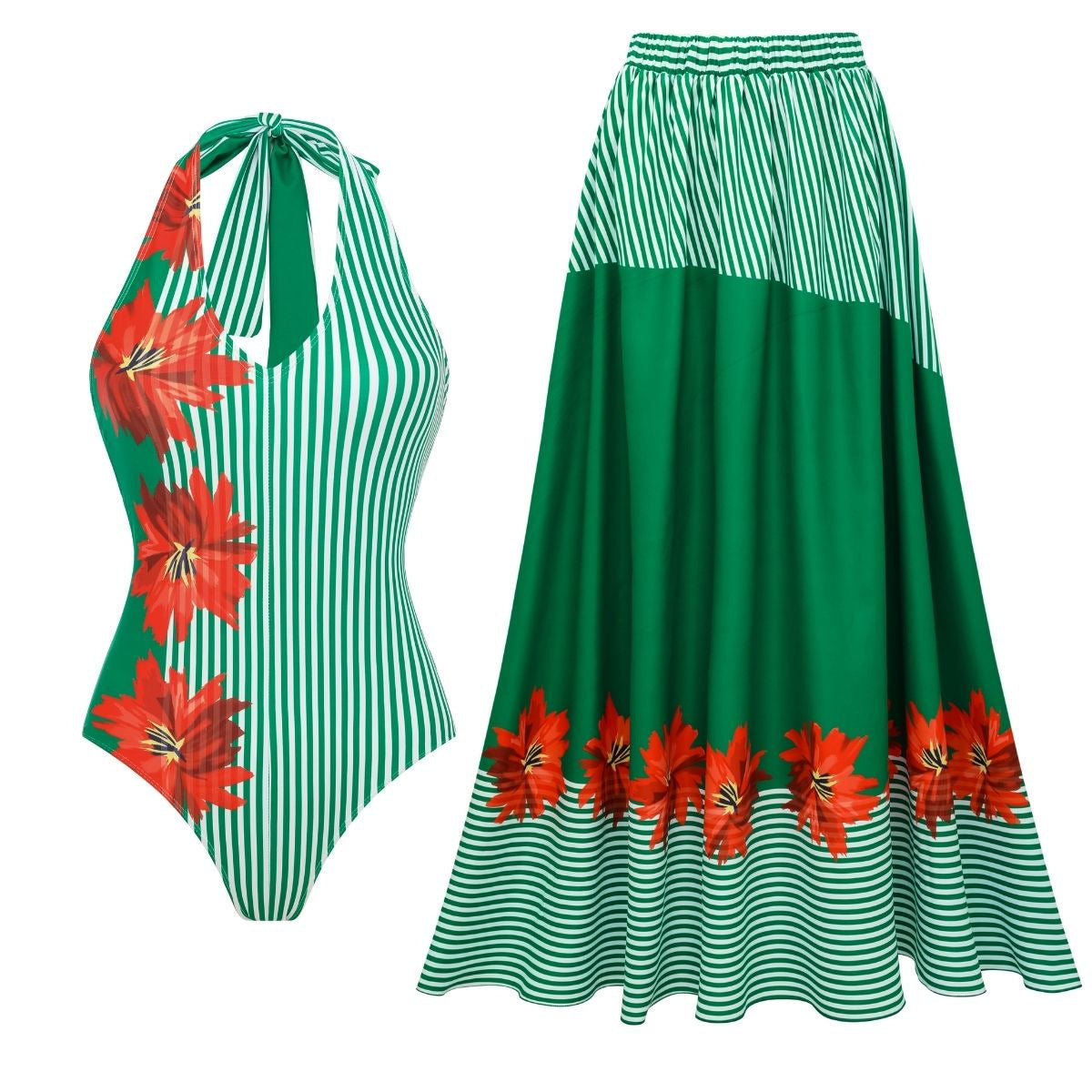 Women's one-piece swimsuit with green stripes and floral patchwork, strapless design