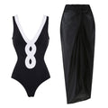 Black and White Simple Hollow-out Design One-piece Women's Swimwear Set