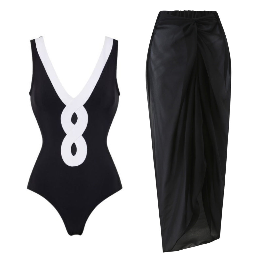 Black and White Simple Hollow-out Design One-piece Women's Swimwear Set