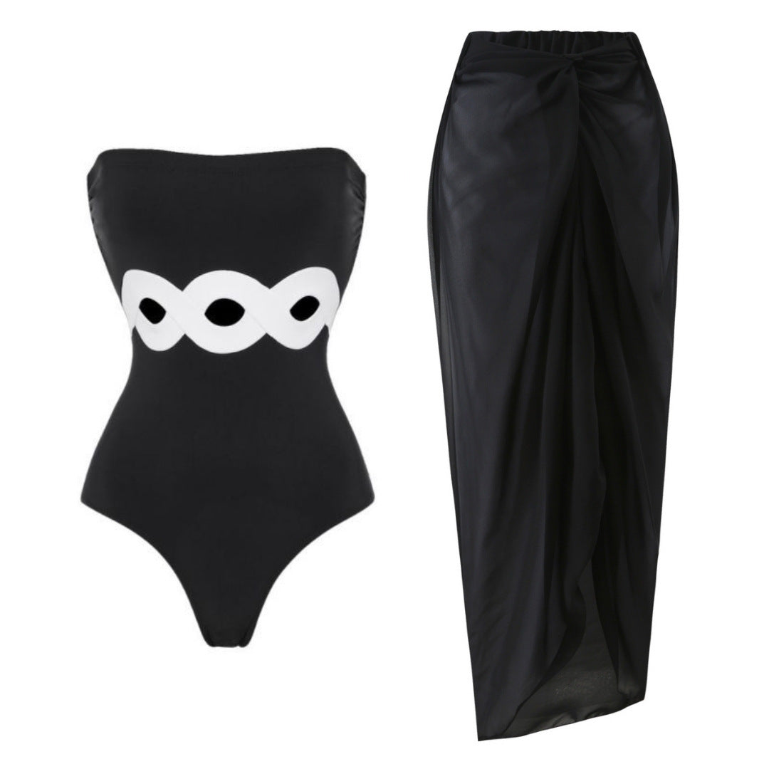 Black and White Simple Hollow-out Design One-piece Women's Swimwear Set