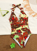 Split swimsuit women's print tight backless deep V-neck
