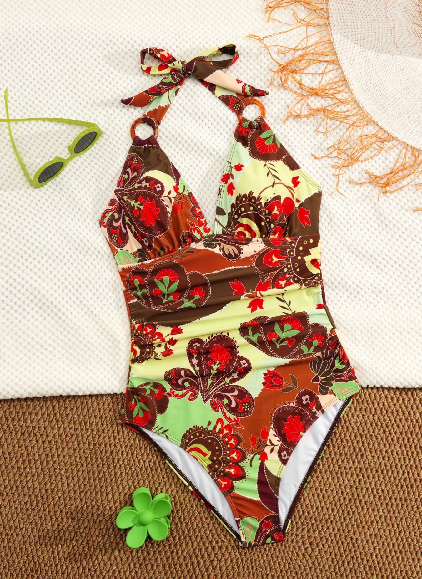 Split swimsuit women's print tight backless deep V-neck