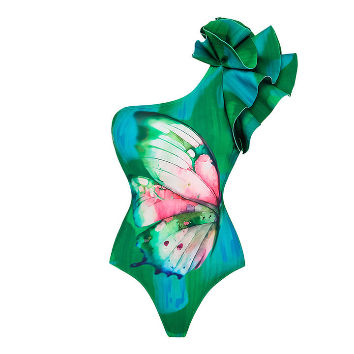 Asymmetrical Shoulder Ruffle Butterfly Print One-Piece Swimsuit