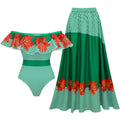 Women's one-piece swimsuit with green stripes and floral patchwork, strapless design