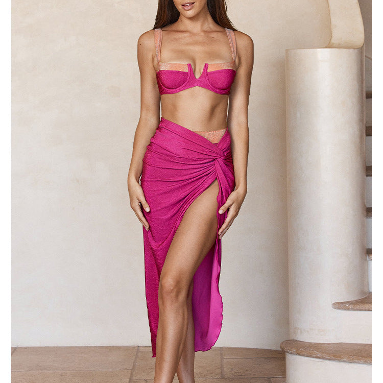 Chic Color-blocked Sparkly Bikini Set for Beach Vacation, Women's Swimwear Dress Style