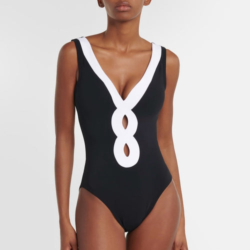 Black and White Simple Hollow-out Design One-piece Women's Swimwear Set