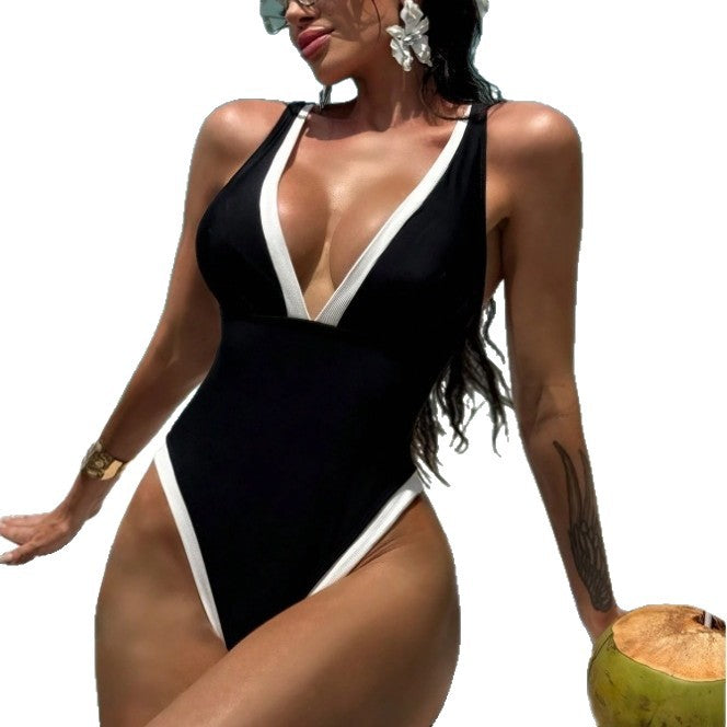 Black & White Hollow Shoulder Strap One-Piece Swimsuit | Women's Swimwear