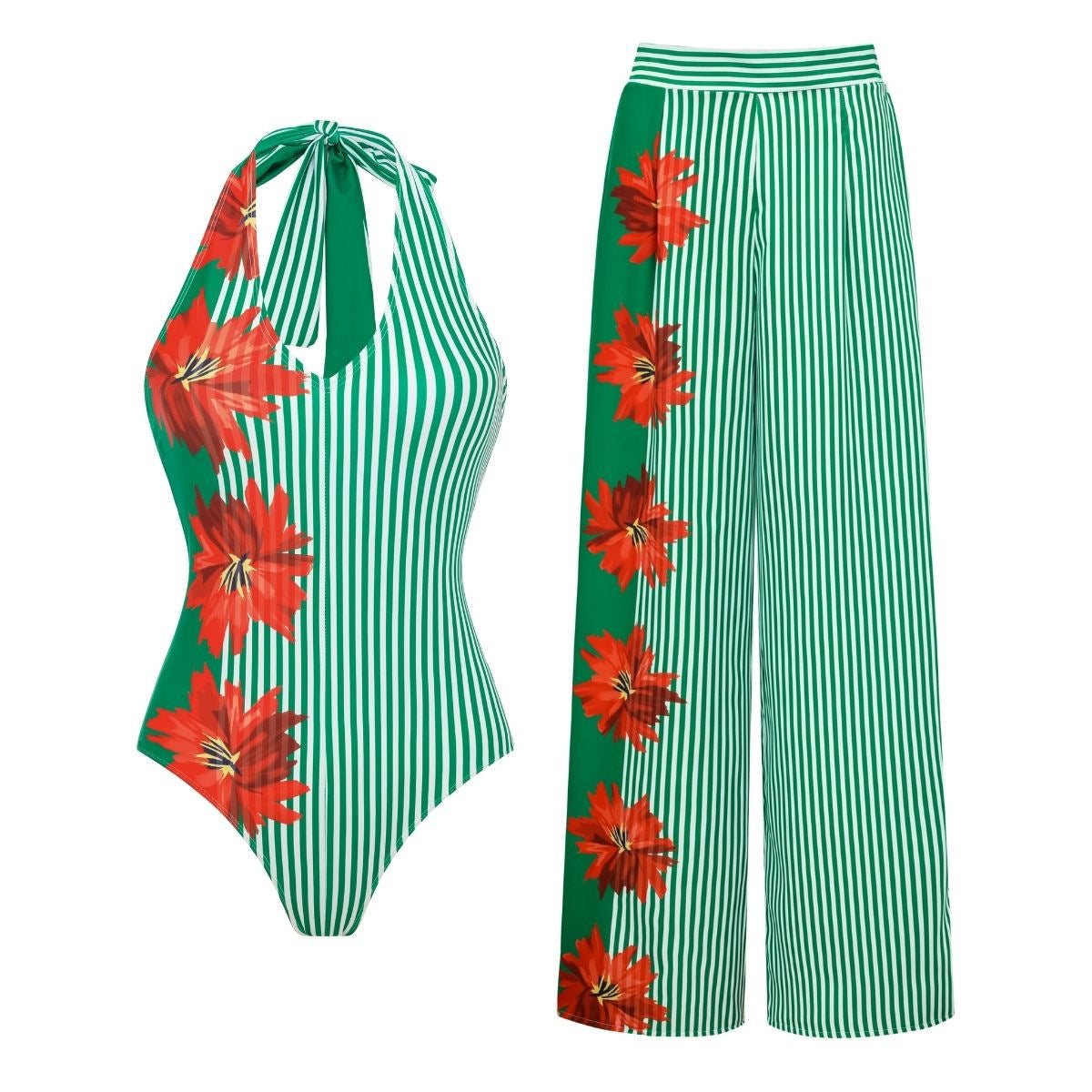 Women's one-piece swimsuit with green stripes and floral patchwork, strapless design
