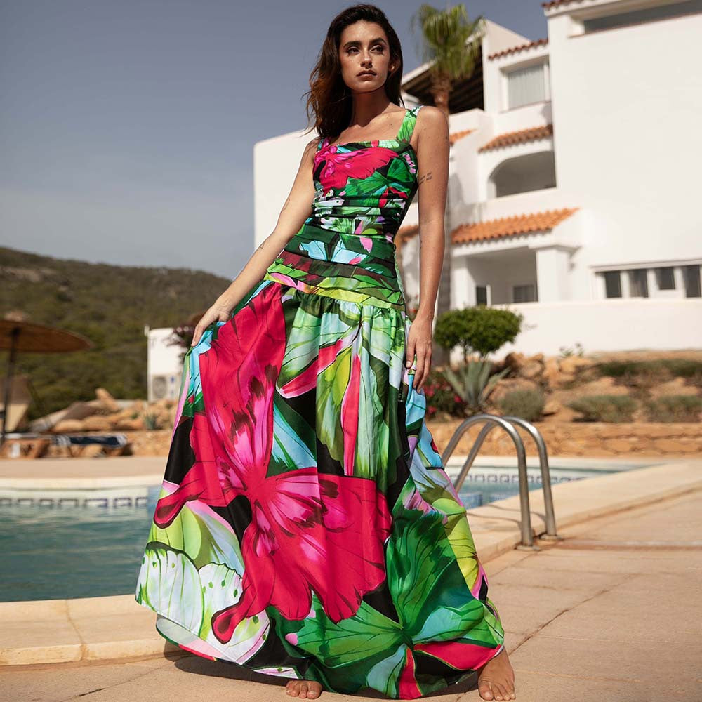 Butterfly Print Sleeveless One-Piece Skirt-Style Swimsuit Set for Women