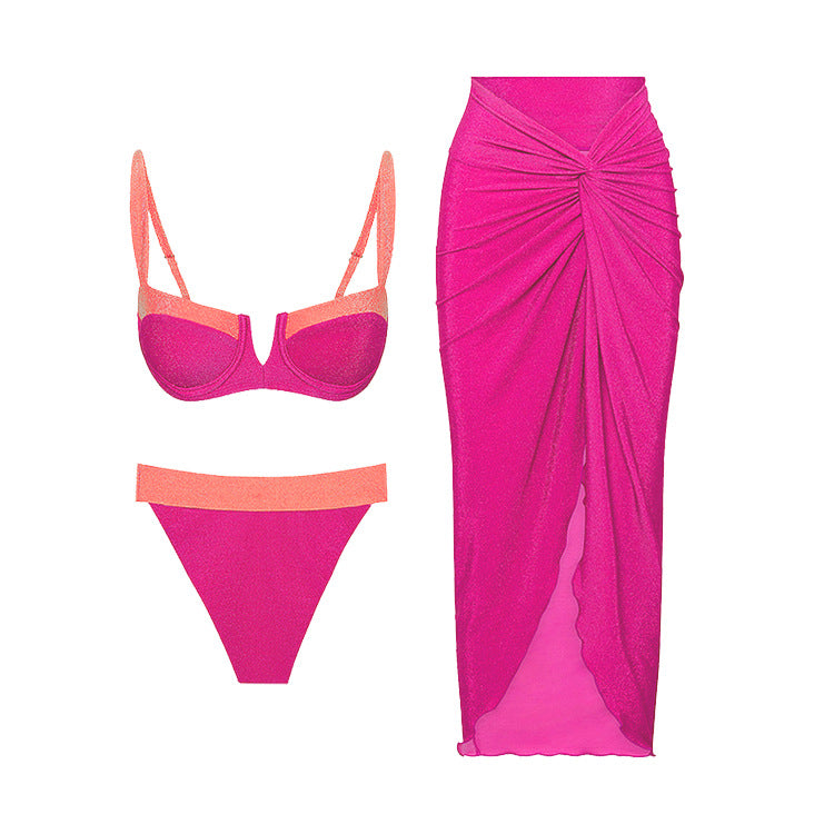 Chic Color-blocked Sparkly Bikini Set for Beach Vacation, Women's Swimwear Dress Style