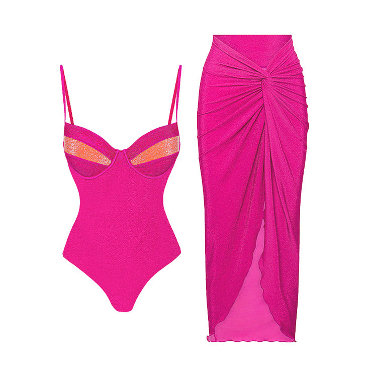 Chic Color-blocked Sparkly Bikini Set for Beach Vacation, Women's Swimwear Dress Style