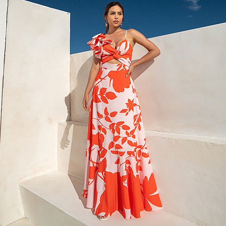 One-Shoulder Ruffle Cut-Out Printed One-Piece Swimsuit with Skirt for Women