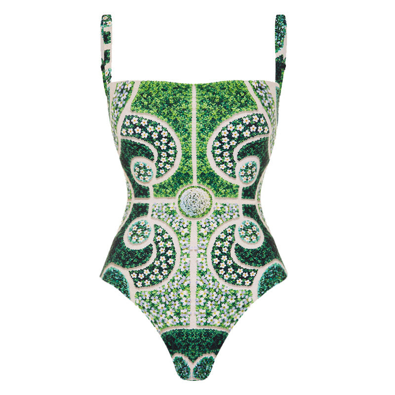 Printed Slim-Fitting One-Piece Swimsuit for Women with Skirt Design