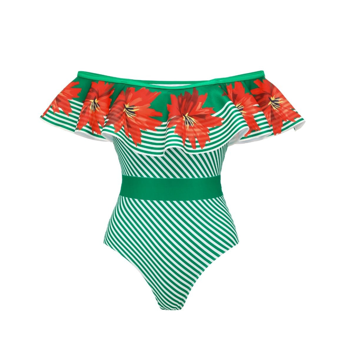 Women's one-piece swimsuit with green stripes and floral patchwork, strapless design