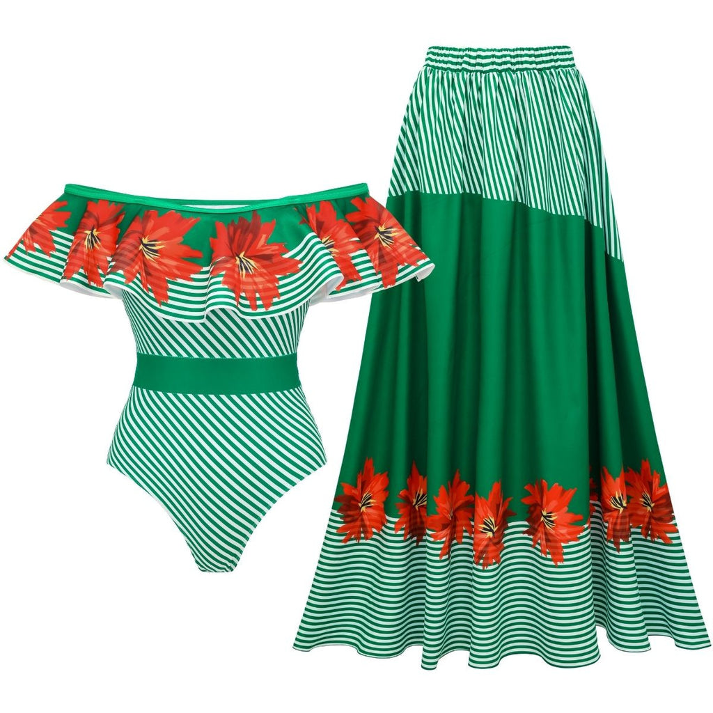 Women's one-piece swimsuit with green stripes and floral patchwork, strapless design