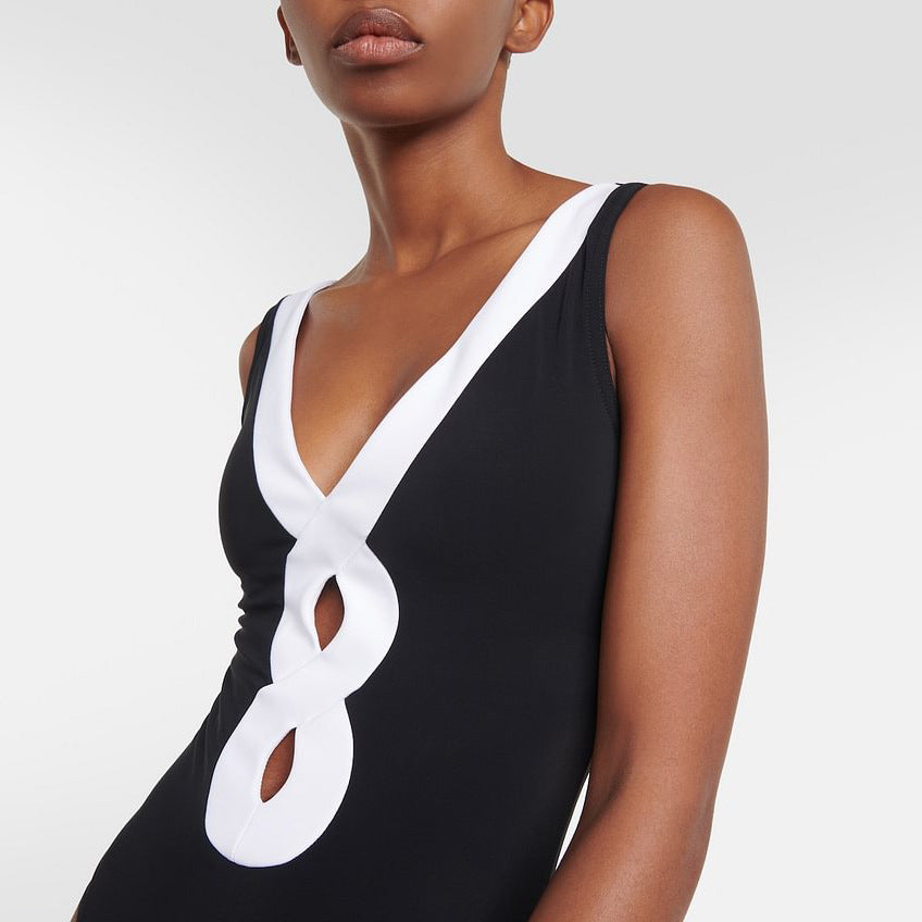 Black and White Simple Hollow-out Design One-piece Women's Swimwear Set