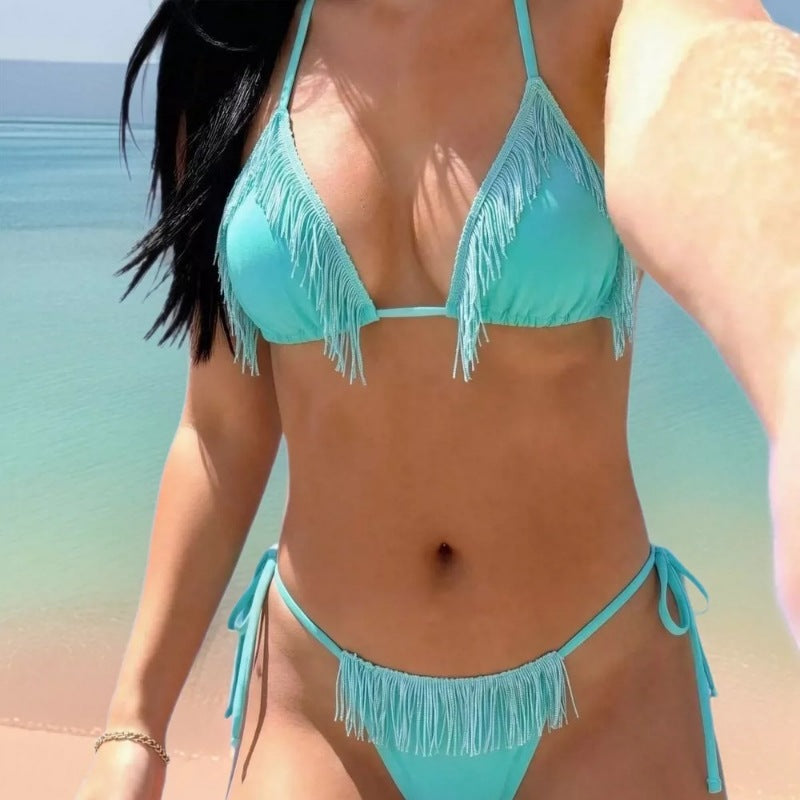 Solid color lace up split swimsuit