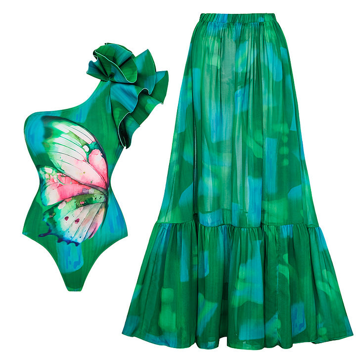 Asymmetrical Shoulder Ruffle Butterfly Print One-Piece Swimsuit