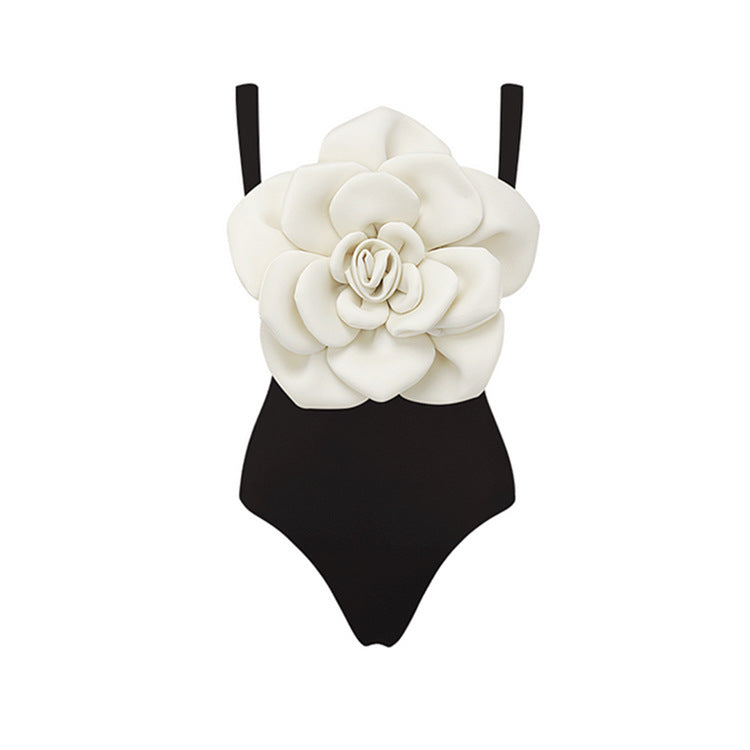 Black and White 3D Large Floral Sleeveless One-Piece Bodycon Swimwear for Women