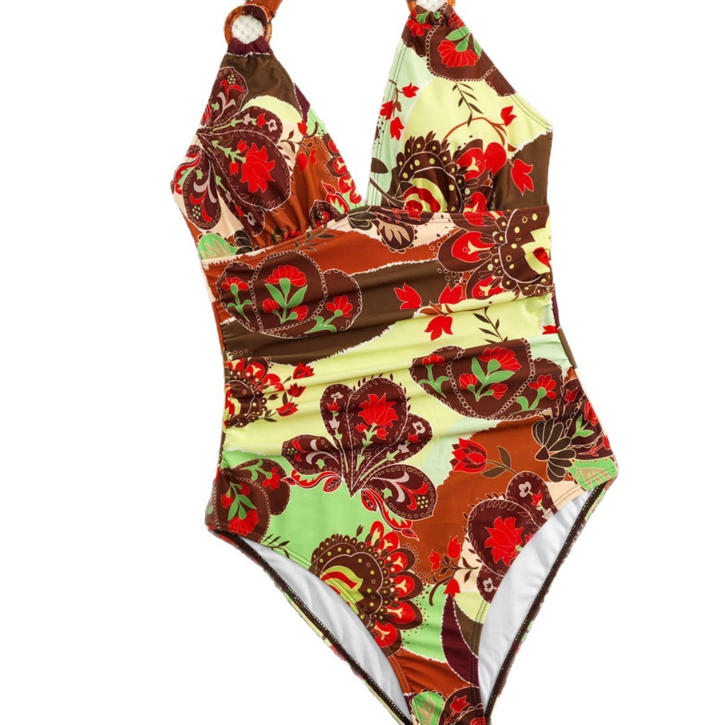 Split swimsuit women's print tight backless deep V-neck