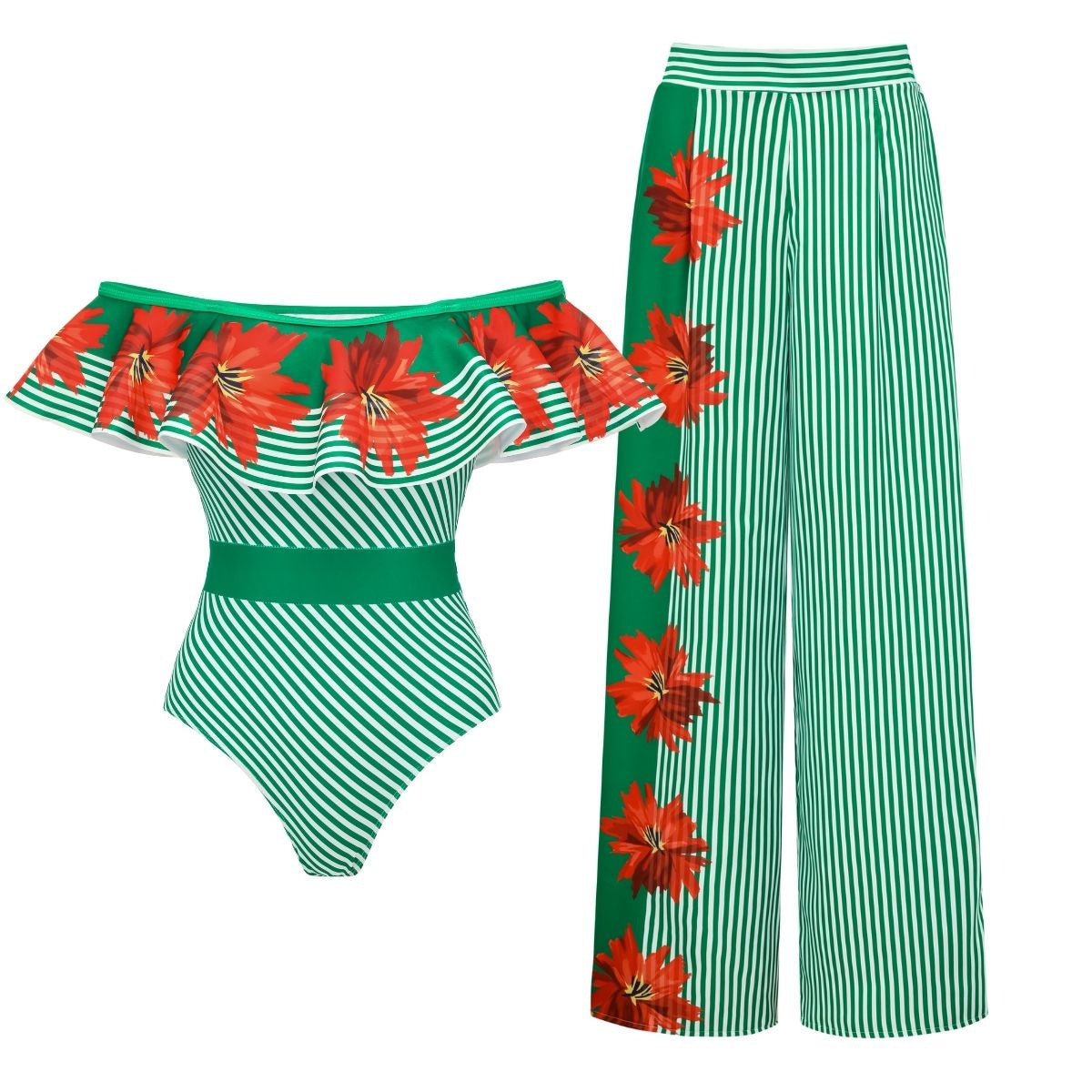 Women's one-piece swimsuit with green stripes and floral patchwork, strapless design