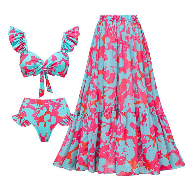 High-Waist Bikini Two-Piece Swimsuit with Beach Vacation Skirt Set for Women