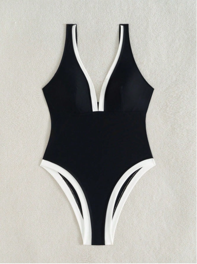 Black & White Hollow Shoulder Strap One-Piece Swimsuit | Women's Swimwear